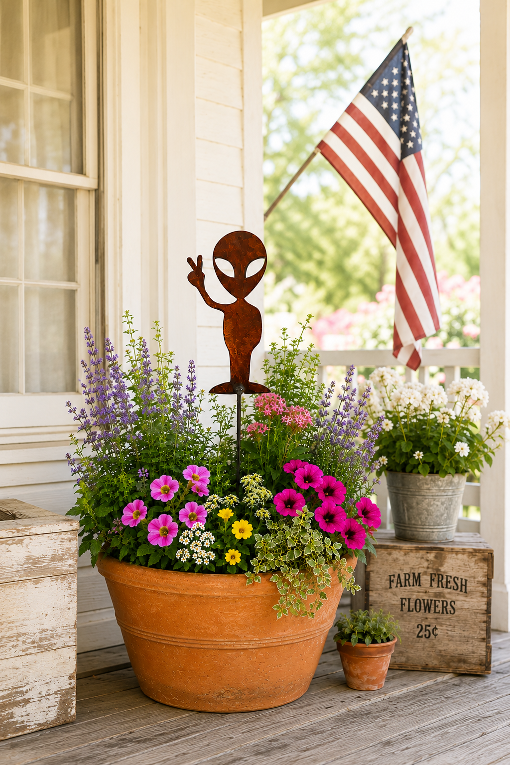 Rustic metal alien peace-sign garden stake in a terracotta flower pot on a farmhouse porch with an American flag