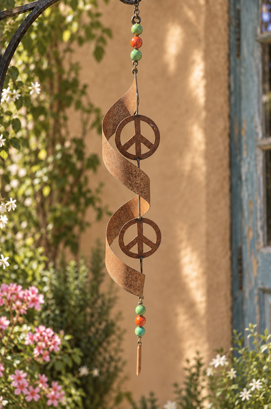 Twisted Peace Rusted Metal Garden Hanger – Orange & Green